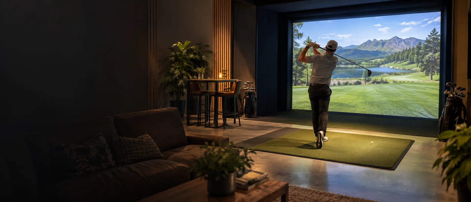 Illustrative indoor golf simulator bay with a golfer practicing